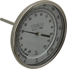 Wika - 4 Inch Long Stem, 5 Inch Dial Diameter, Stainless Steel, Back Connected Bi-Metal Thermometer - -20 to 120°C, 1% Accuracy - USA Tool & Supply
