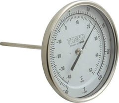 Wika - 6 Inch Long Stem, 5 Inch Dial Diameter, Stainless Steel, Back Connected Bi-Metal Thermometer - -40 to 50°C, 1% Accuracy - USA Tool & Supply