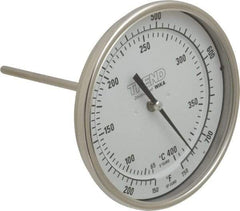 Wika - 6 Inch Long Stem, 5 Inch Dial Diameter, Stainless Steel, Back Connected Bi-Metal Thermometer - 65 to 400°C, 1% Accuracy - USA Tool & Supply