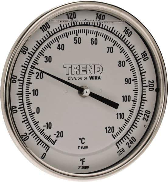 Wika - 2-1/2 Inch Long Stem, 5 Inch Dial Diameter, Stainless Steel, Back Connected Bi-Metal Thermometer - -20 to 120°C, 1% Accuracy - USA Tool & Supply