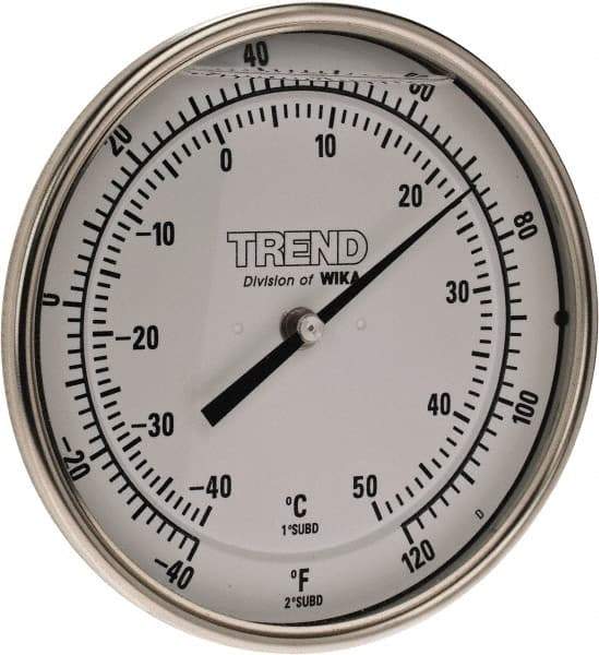 Wika - 4 Inch Long Stem, 5 Inch Dial Diameter, Stainless Steel, Back Connected Bi-Metal Thermometer - -40 to 50°C, 1% Accuracy - USA Tool & Supply