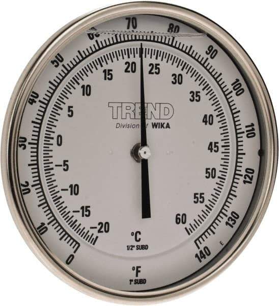 Wika - 4 Inch Long Stem, 5 Inch Dial Diameter, Stainless Steel, Back Connected Bi-Metal Thermometer - -20 to 60°C, 1% Accuracy - USA Tool & Supply