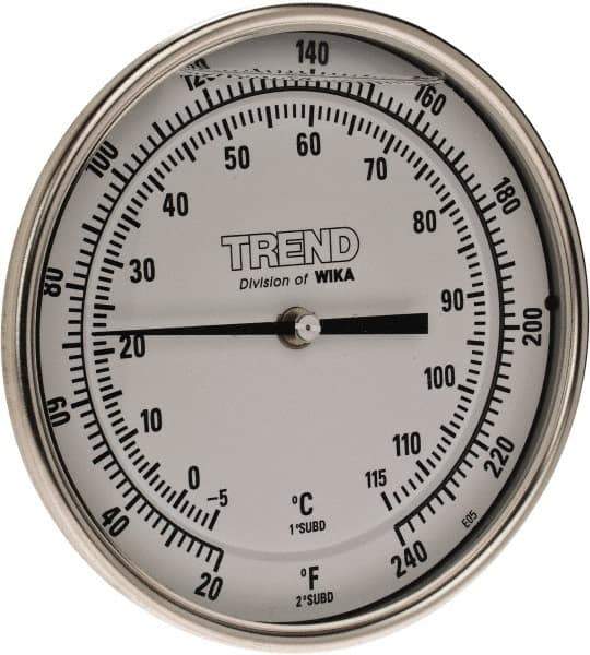 Wika - 4 Inch Long Stem, 5 Inch Dial Diameter, Stainless Steel, Back Connected Bi-Metal Thermometer - -5 to 115°C, 1% Accuracy - USA Tool & Supply