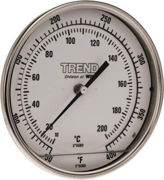 Wika - 4 Inch Long Stem, 5 Inch Dial Diameter, Stainless Steel, Back Connected Bi-Metal Thermometer - 10 to 200°C, 1% Accuracy - USA Tool & Supply