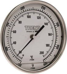 Wika - 4 Inch Long Stem, 5 Inch Dial Diameter, Stainless Steel, Back Connected Bi-Metal Thermometer - 10 to 200°C, 1% Accuracy - USA Tool & Supply