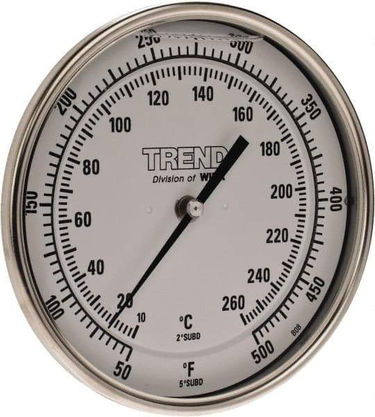 Wika - 4 Inch Long Stem, 5 Inch Dial Diameter, Stainless Steel, Back Connected Bi-Metal Thermometer - 10 to 260°C, 1% Accuracy - USA Tool & Supply