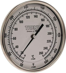 Wika - 4 Inch Long Stem, 5 Inch Dial Diameter, Stainless Steel, Back Connected Bi-Metal Thermometer - 10 to 260°C, 1% Accuracy - USA Tool & Supply