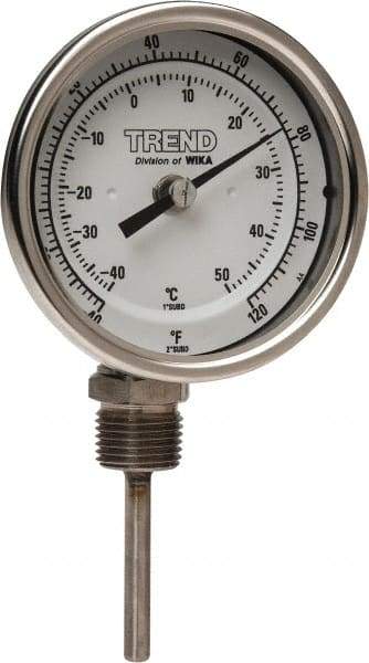 Wika - 2-1/2 Inch Long Stem, 3 Inch Dial Diameter, Stainless Steel, Bottom Connected Bi-Metal Thermometer - -40 to 50°C, 1% Accuracy - USA Tool & Supply