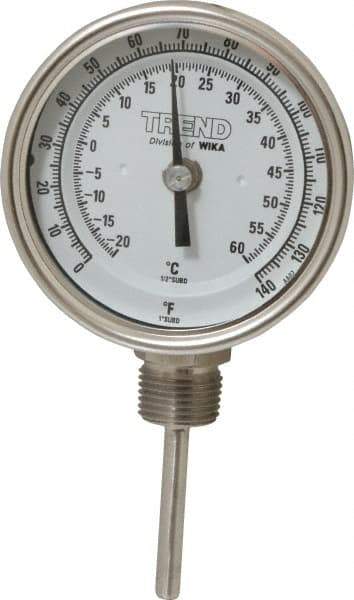 Wika - 2-1/2 Inch Long Stem, 3 Inch Dial Diameter, Stainless Steel, Bottom Connected Bi-Metal Thermometer - -20 to 60°C, 1% Accuracy - USA Tool & Supply