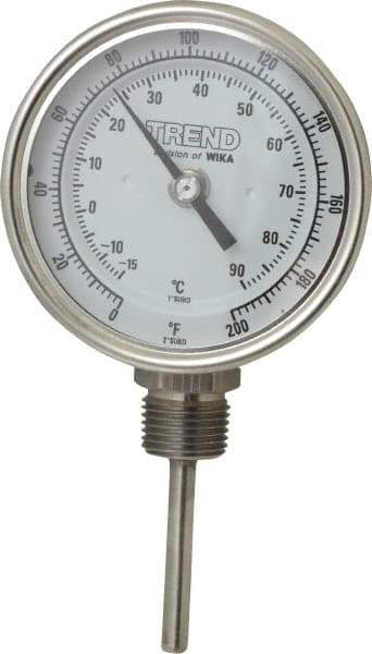 Wika - 2-1/2 Inch Long Stem, 3 Inch Dial Diameter, Stainless Steel, Bottom Connected Bi-Metal Thermometer - -15 to 90°C, 1% Accuracy - USA Tool & Supply