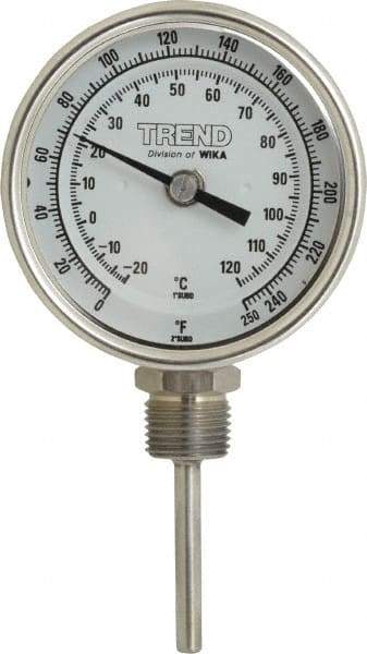 Wika - 2-1/2 Inch Long Stem, 3 Inch Dial Diameter, Stainless Steel, Bottom Connected Bi-Metal Thermometer - -20 to 120°C, 1% Accuracy - USA Tool & Supply