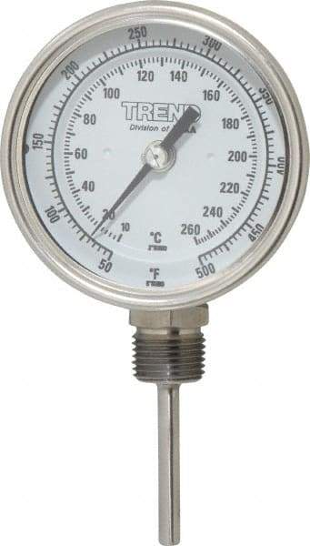 Wika - 2-1/2 Inch Long Stem, 3 Inch Dial Diameter, Stainless Steel, Bottom Connected Bi-Metal Thermometer - 10 to 260°C, 1% Accuracy - USA Tool & Supply