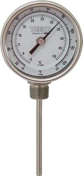 Wika - 4 Inch Long Stem, 3 Inch Dial Diameter, Stainless Steel, Bottom Connected Bi-Metal Thermometer - -5 to 50°C, 1% Accuracy - USA Tool & Supply