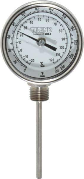 Wika - 4 Inch Long Stem, 3 Inch Dial Diameter, Stainless Steel, Bottom Connected Bi-Metal Thermometer - -20 to 120°C, 1% Accuracy - USA Tool & Supply