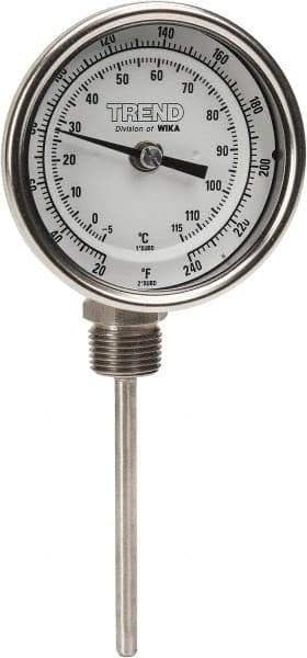 Wika - 4 Inch Long Stem, 3 Inch Dial Diameter, Stainless Steel, Bottom Connected Bi-Metal Thermometer - -5 to 115°C, 1% Accuracy - USA Tool & Supply