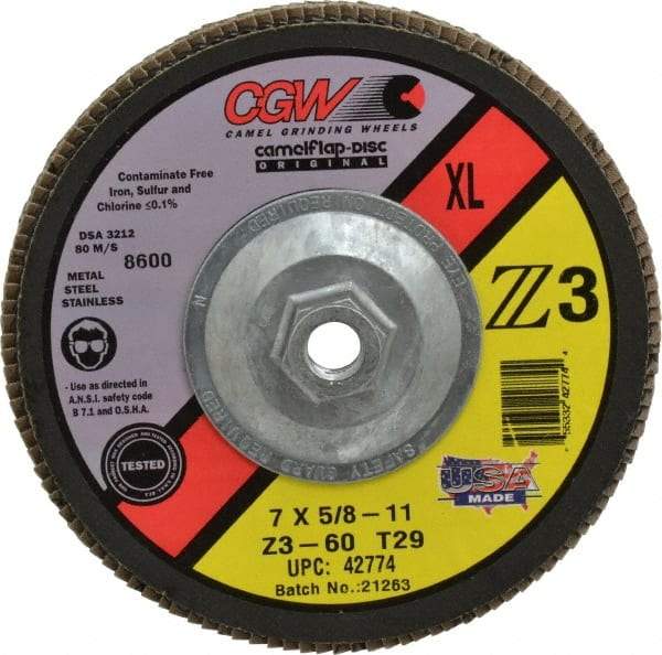 Camel Grinding Wheels - 60 Grit, 7" Disc Diam, 5/8-11 Center Hole, Type 29 Zirconia Alumina Flap Disc - 8,600 Max RPM, Poly Cotton Backing, Arbor Attaching System, Coated - USA Tool & Supply