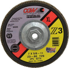 Camel Grinding Wheels - 60 Grit, 7" Disc Diam, 5/8-11 Center Hole, Type 29 Zirconia Alumina Flap Disc - 8,600 Max RPM, Poly Cotton Backing, Arbor Attaching System, Coated - USA Tool & Supply