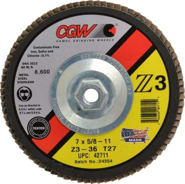 Camel Grinding Wheels - 36 Grit, 7" Disc Diam, 5/8-11 Center Hole, Type 27 Zirconia Alumina Flap Disc - 8,600 Max RPM, Poly Cotton Backing, Arbor Attaching System, Coated - USA Tool & Supply