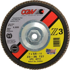 Camel Grinding Wheels - 36 Grit, 7" Disc Diam, 5/8-11 Center Hole, Type 27 Zirconia Alumina Flap Disc - 8,600 Max RPM, Poly Cotton Backing, Arbor Attaching System, Coated - USA Tool & Supply
