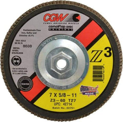 Camel Grinding Wheels - 60 Grit, 7" Disc Diam, 5/8-11 Center Hole, Type 27 Zirconia Alumina Flap Disc - 8,600 Max RPM, Poly Cotton Backing, Arbor Attaching System, Coated - USA Tool & Supply