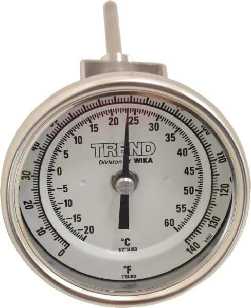 Wika - 4 Inch Long Stem, 3 Inch Dial Diameter, Stainless Steel, Adjustable Angle Bi-Metal Thermometer - -20 to 60°C, 1% Accuracy - USA Tool & Supply