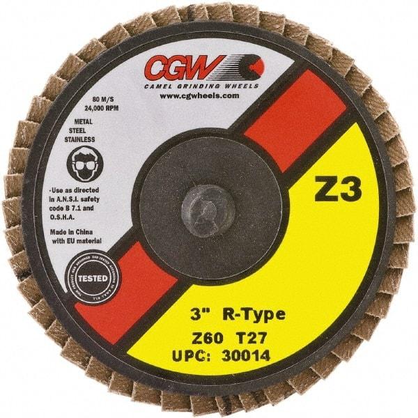 Camel Grinding Wheels - 80 Grit, 3" Disc Diam, Type 27 Zirconia Alumina Flap Disc - 24,000 Max RPM, Poly Cotton Backing, Quick Change Type R Attaching System, Coated - USA Tool & Supply