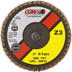 Camel Grinding Wheels - 80 Grit, 3" Disc Diam, Type 27 Zirconia Alumina Flap Disc - 24,000 Max RPM, Poly Cotton Backing, Quick Change Type R Attaching System, Coated - USA Tool & Supply
