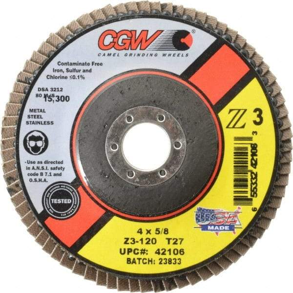 Camel Grinding Wheels - 120 Grit, 4" Disc Diam, 5/8" Center Hole, Type 27 Zirconia Alumina Flap Disc - 15,300 Max RPM, Poly Cotton Backing, Arbor Attaching System, Coated - USA Tool & Supply