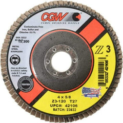 Camel Grinding Wheels - 120 Grit, 4" Disc Diam, 5/8" Center Hole, Type 27 Zirconia Alumina Flap Disc - 15,300 Max RPM, Poly Cotton Backing, Arbor Attaching System, Coated - USA Tool & Supply
