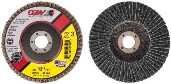 Camel Grinding Wheels - 36 Grit, 4" Disc Diam, 5/8" Center Hole, Type 27 Zirconia Alumina Flap Disc - 15,300 Max RPM, Poly Cotton Backing, Arbor Attaching System, Coated - USA Tool & Supply