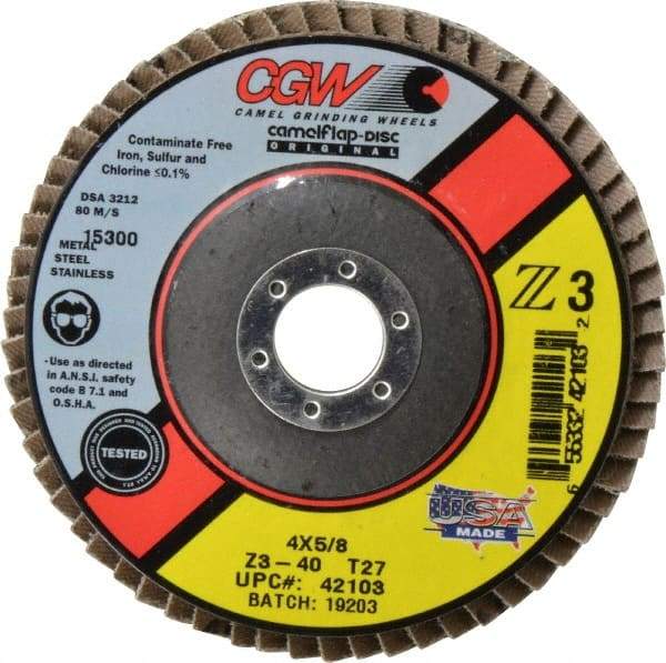 Camel Grinding Wheels - 40 Grit, 4" Disc Diam, 5/8" Center Hole, Type 27 Zirconia Alumina Flap Disc - 15,300 Max RPM, Poly Cotton Backing, Arbor Attaching System, Coated - USA Tool & Supply
