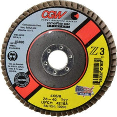 Camel Grinding Wheels - 40 Grit, 4" Disc Diam, 5/8" Center Hole, Type 27 Zirconia Alumina Flap Disc - 15,300 Max RPM, Poly Cotton Backing, Arbor Attaching System, Coated - USA Tool & Supply