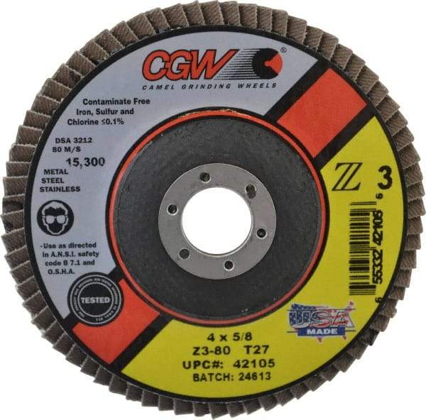 Camel Grinding Wheels - 80 Grit, 4" Disc Diam, 5/8" Center Hole, Type 27 Zirconia Alumina Flap Disc - 15,300 Max RPM, Poly Cotton Backing, Arbor Attaching System, Coated - USA Tool & Supply