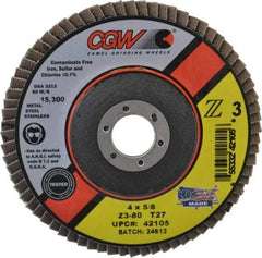 Camel Grinding Wheels - 80 Grit, 4" Disc Diam, 5/8" Center Hole, Type 27 Zirconia Alumina Flap Disc - 15,300 Max RPM, Poly Cotton Backing, Arbor Attaching System, Coated - USA Tool & Supply