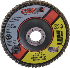 Camel Grinding Wheels - 36 Grit, 4" Disc Diam, 5/8" Center Hole, Type 29 Zirconia Alumina Flap Disc - 15,300 Max RPM, Poly Cotton Backing, Arbor Attaching System, Coated - USA Tool & Supply