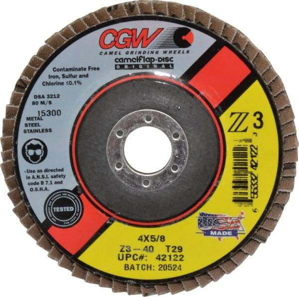 Camel Grinding Wheels - 40 Grit, 4" Disc Diam, 5/8" Center Hole, Type 29 Zirconia Alumina Flap Disc - 15,300 Max RPM, Poly Cotton Backing, Arbor Attaching System, Coated - USA Tool & Supply