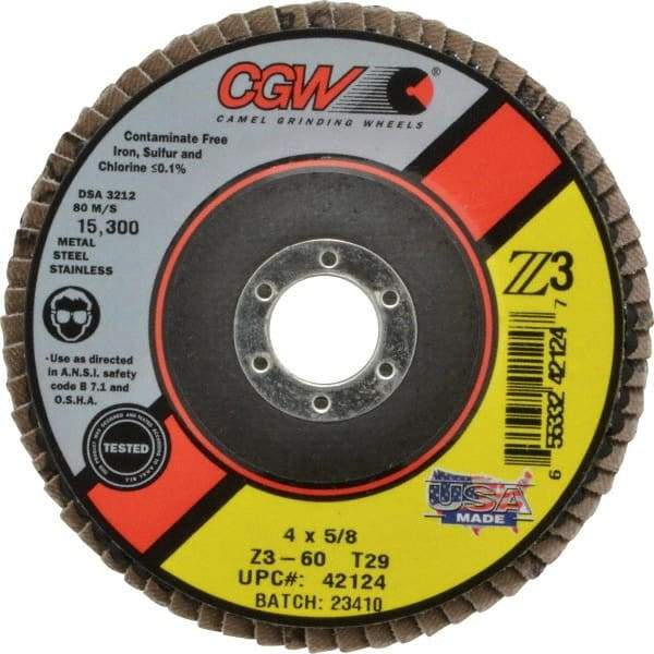 Camel Grinding Wheels - 60 Grit, 4" Disc Diam, 5/8" Center Hole, Type 29 Zirconia Alumina Flap Disc - 15,300 Max RPM, Poly Cotton Backing, Arbor Attaching System, Coated - USA Tool & Supply