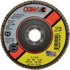 Camel Grinding Wheels - 60 Grit, 4" Disc Diam, 5/8" Center Hole, Type 29 Zirconia Alumina Flap Disc - 15,300 Max RPM, Poly Cotton Backing, Arbor Attaching System, Coated - USA Tool & Supply