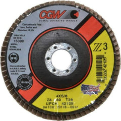Camel Grinding Wheels - 80 Grit, 4" Disc Diam, 5/8" Center Hole, Type 29 Zirconia Alumina Flap Disc - 15,300 Max RPM, Poly Cotton Backing, Arbor Attaching System, Coated - USA Tool & Supply