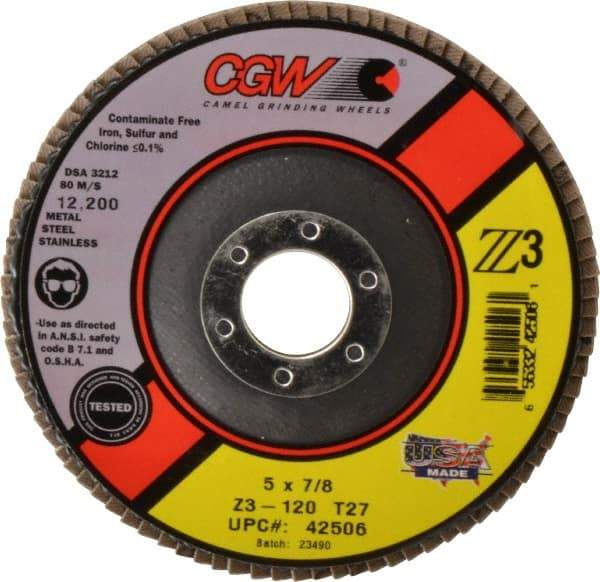Camel Grinding Wheels - 120 Grit, 5" Disc Diam, 7/8" Center Hole, Type 27 Zirconia Alumina Flap Disc - 12,200 Max RPM, Poly Cotton Backing, Arbor Attaching System, Coated - USA Tool & Supply