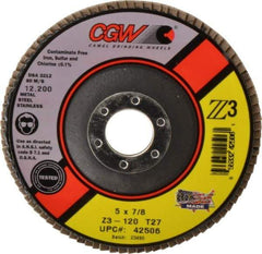 Camel Grinding Wheels - 120 Grit, 5" Disc Diam, 7/8" Center Hole, Type 27 Zirconia Alumina Flap Disc - 12,200 Max RPM, Poly Cotton Backing, Arbor Attaching System, Coated - USA Tool & Supply