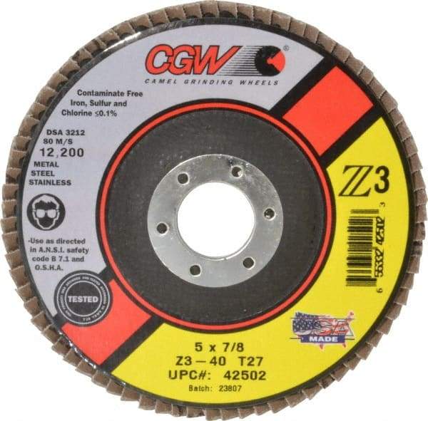 Camel Grinding Wheels - 40 Grit, 5" Disc Diam, 7/8" Center Hole, Type 27 Zirconia Alumina Flap Disc - 12,200 Max RPM, Poly Cotton Backing, Arbor Attaching System, Coated - USA Tool & Supply