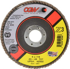 Camel Grinding Wheels - 40 Grit, 5" Disc Diam, 7/8" Center Hole, Type 27 Zirconia Alumina Flap Disc - 12,200 Max RPM, Poly Cotton Backing, Arbor Attaching System, Coated - USA Tool & Supply