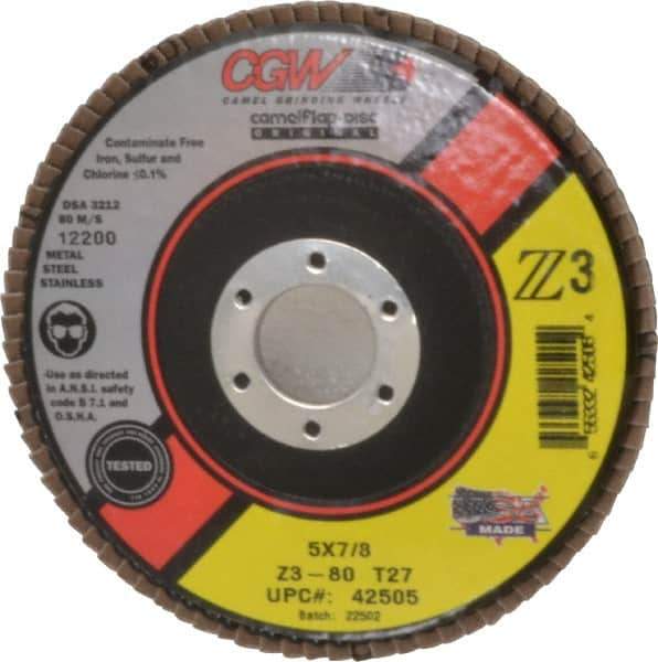 Camel Grinding Wheels - 80 Grit, 5" Disc Diam, 7/8" Center Hole, Type 27 Zirconia Alumina Flap Disc - 12,200 Max RPM, Poly Cotton Backing, Arbor Attaching System, Coated - USA Tool & Supply