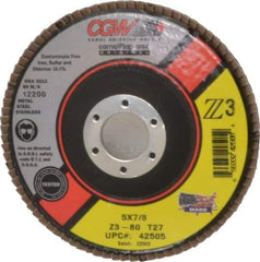 Camel Grinding Wheels - 80 Grit, 5" Disc Diam, 7/8" Center Hole, Type 27 Zirconia Alumina Flap Disc - 12,200 Max RPM, Poly Cotton Backing, Arbor Attaching System, Coated - USA Tool & Supply
