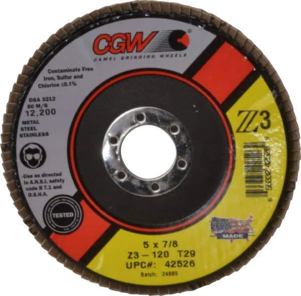 Camel Grinding Wheels - 120 Grit, 5" Disc Diam, 7/8" Center Hole, Type 29 Zirconia Alumina Flap Disc - 12,200 Max RPM, Poly Cotton Backing, Arbor Attaching System, Coated - USA Tool & Supply