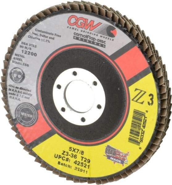 Camel Grinding Wheels - 36 Grit, 5" Disc Diam, 7/8" Center Hole, Type 29 Zirconia Alumina Flap Disc - 12,200 Max RPM, Poly Cotton Backing, Arbor Attaching System, Coated - USA Tool & Supply