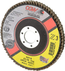 Camel Grinding Wheels - 36 Grit, 5" Disc Diam, 7/8" Center Hole, Type 29 Zirconia Alumina Flap Disc - 12,200 Max RPM, Poly Cotton Backing, Arbor Attaching System, Coated - USA Tool & Supply