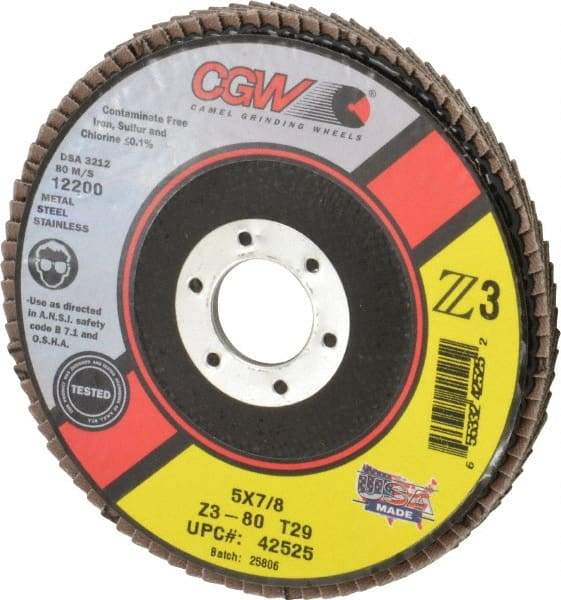 Camel Grinding Wheels - 80 Grit, 5" Disc Diam, 7/8" Center Hole, Type 29 Zirconia Alumina Flap Disc - 12,200 Max RPM, Poly Cotton Backing, Arbor Attaching System, Coated - USA Tool & Supply