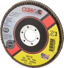 Camel Grinding Wheels - 80 Grit, 5" Disc Diam, 7/8" Center Hole, Type 29 Zirconia Alumina Flap Disc - 12,200 Max RPM, Poly Cotton Backing, Arbor Attaching System, Coated - USA Tool & Supply